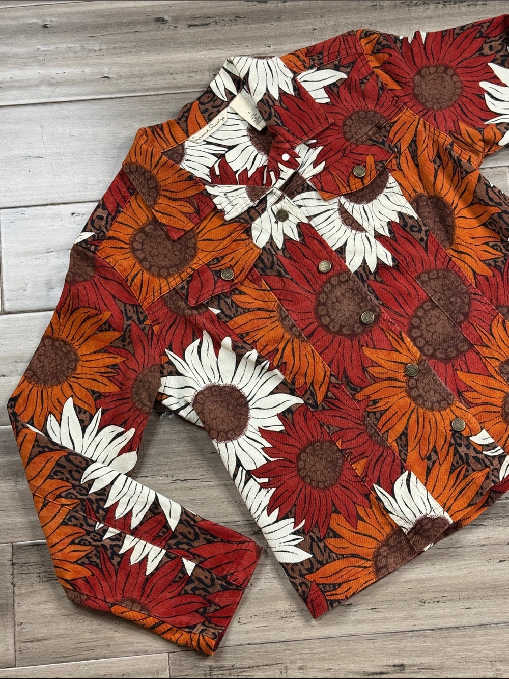 FRENCH LAUNDRY SUNFLOWER PRINT STRETCH DENIM JACKET BOHO SIZE LARGE - Picture 3 of 12